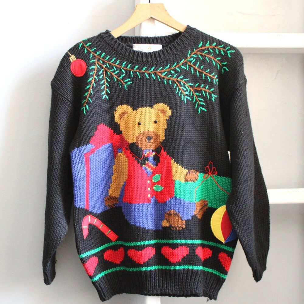 Preswick & Moore Vintage Black Acrylic Teddy Bear Christmas Sweater Size Medium - Picture 1 of 3